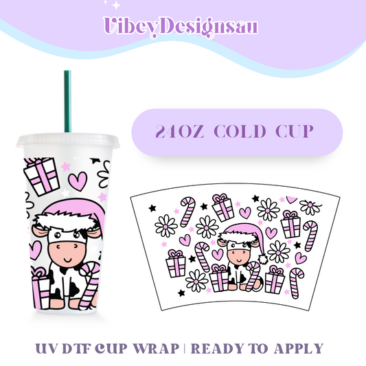 RTS 24oz Cold Cup Uv Dtf Wrap - Cute Festive Cow Pink