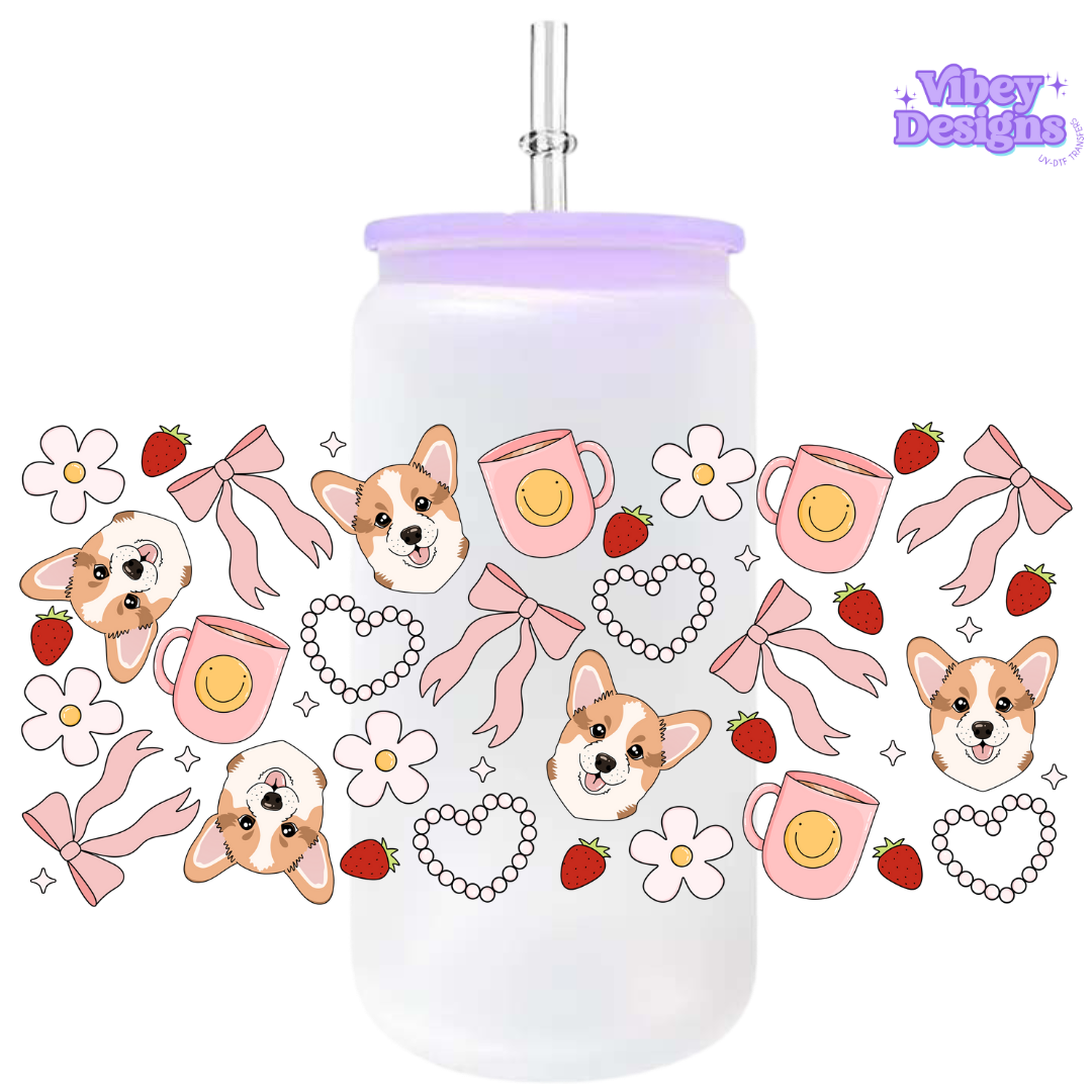 Uv Dtf Wrap For 16oz Libbey Glass - Corgi Pink Bows