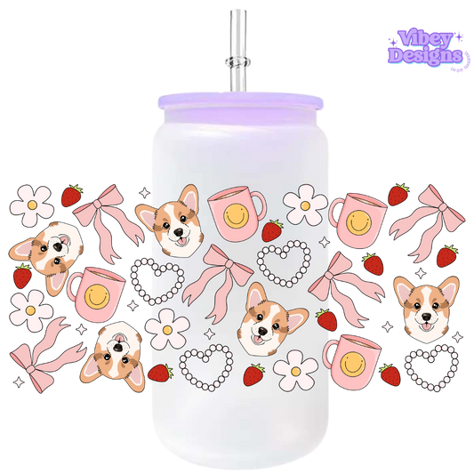 Uv Dtf Wrap For 16oz Libbey Glass - Corgi Pink Bows