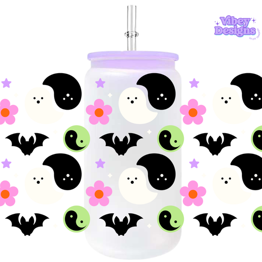 Uv Dtf Wrap For 16oz Libbey Glass - Ying Yang Ghosties & Bats