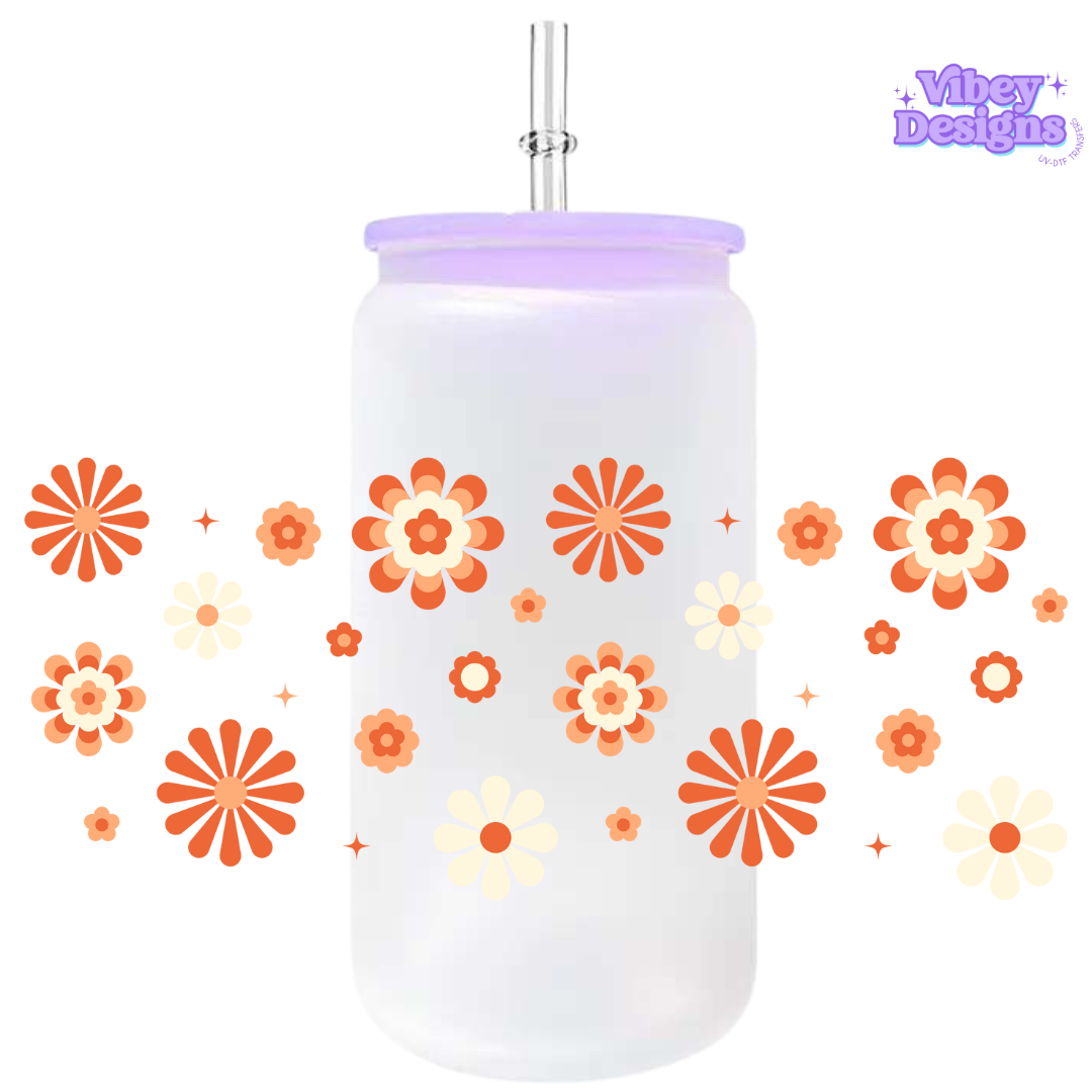 Uv Dtf Wrap For 16oz Libbey Glass - Retro Flowers Orange