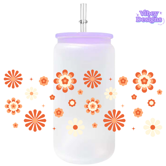 Uv Dtf Wrap For 16oz Libbey Glass - Retro Flowers Orange