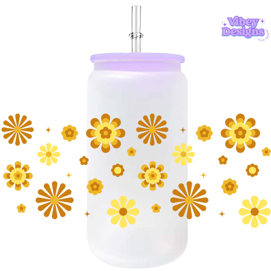 Uv Dtf Wrap For 16oz Libbey Glass - Retro Flowers Yellow