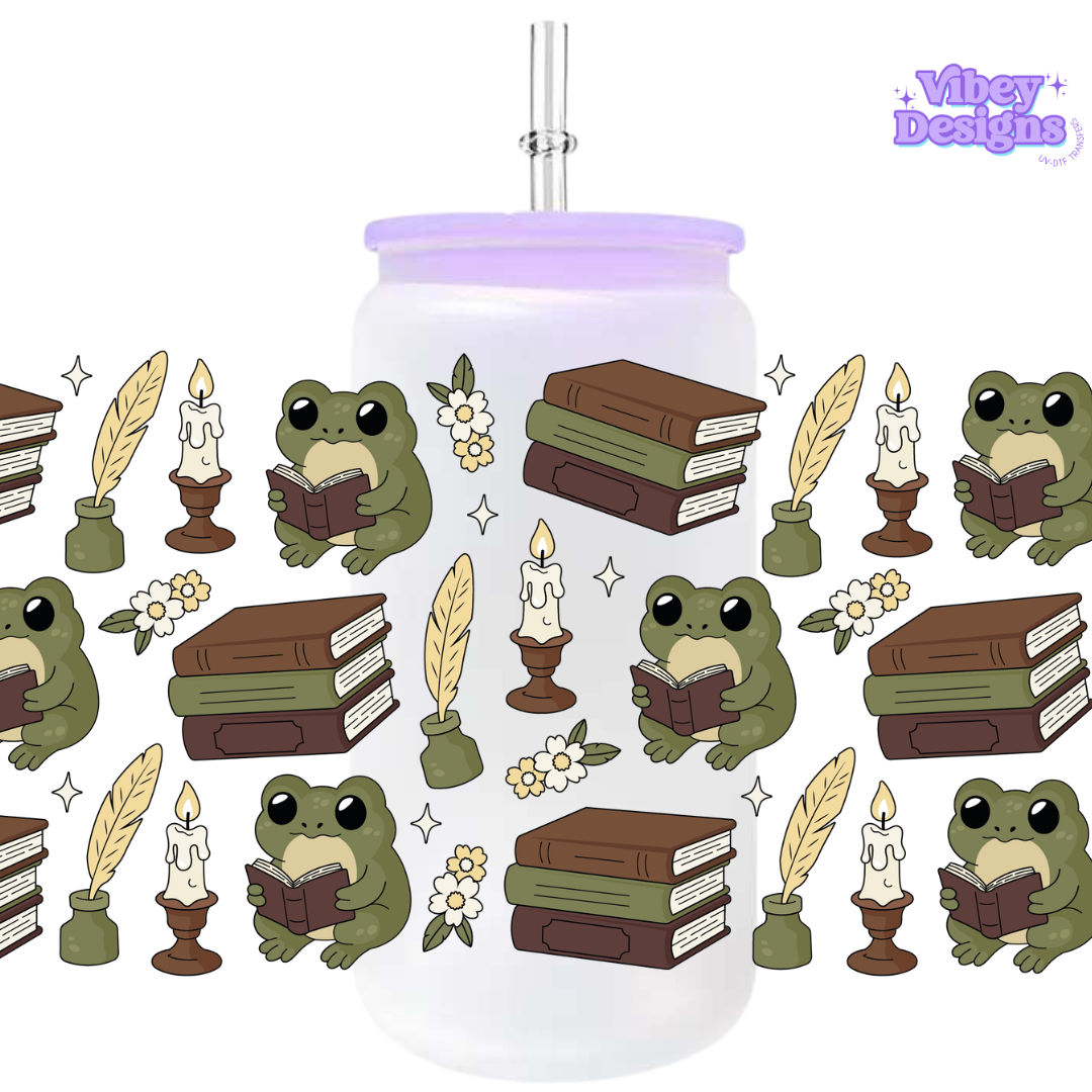 Uv Dtf Wrap For 16oz Libbey Glass - #BK45 Frogs and Books