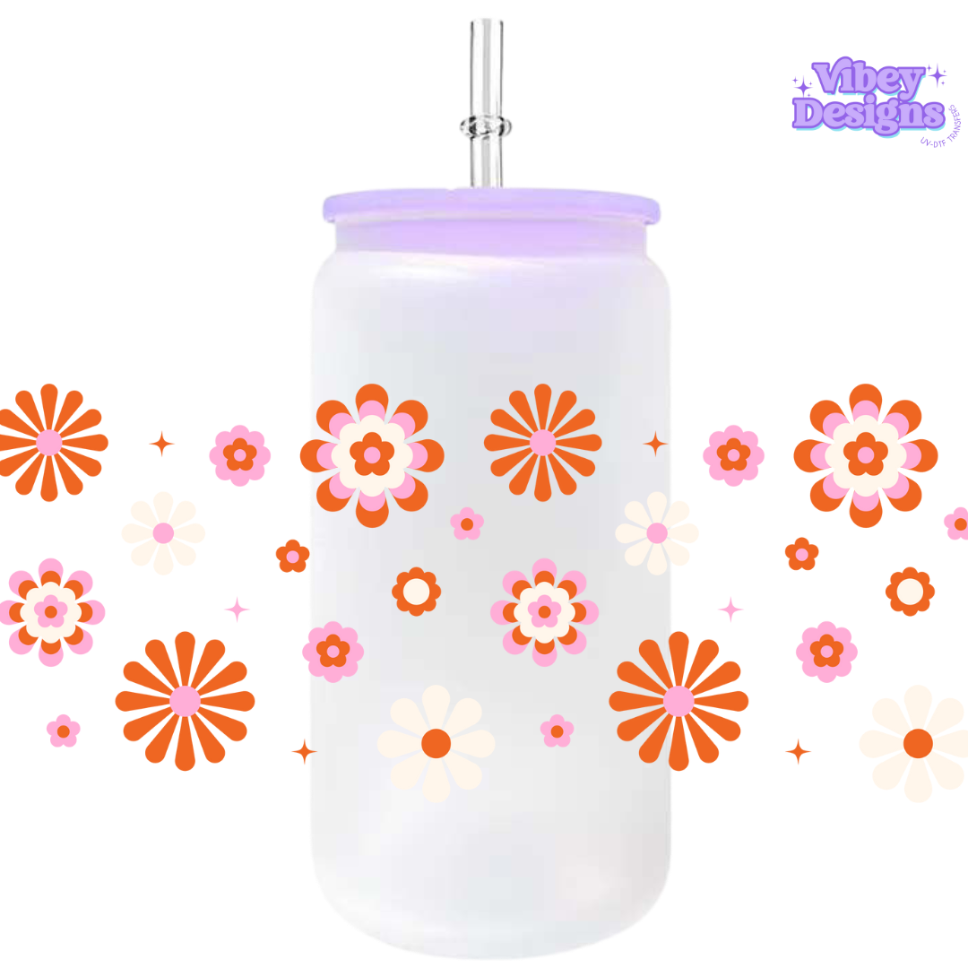 Uv Dtf Wrap For 16oz Libbey Glass - Retro Flowers Pink