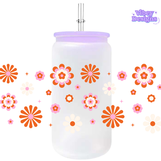 Uv Dtf Wrap For 16oz Libbey Glass - Retro Flowers Pink