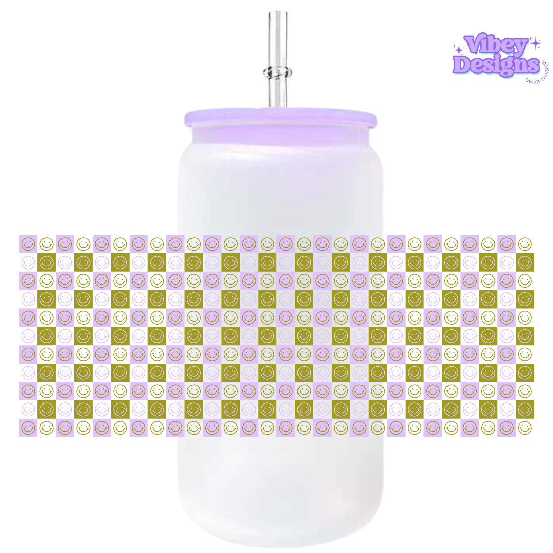 Uv Dtf Wrap For 16oz Libbey Glass - Smiley Check Purple