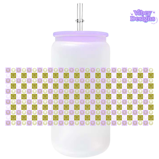 Uv Dtf Wrap For 16oz Libbey Glass - Smiley Check Purple