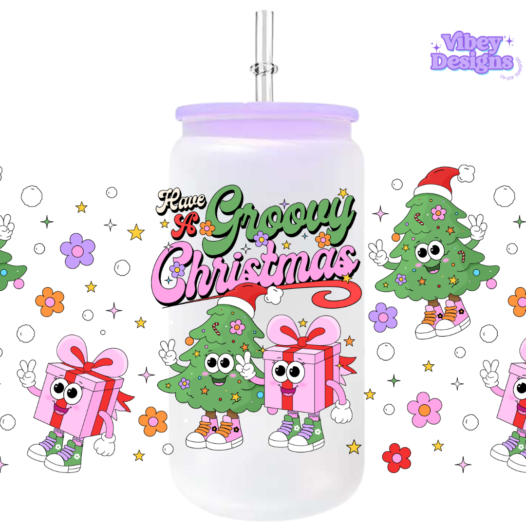 Uv Dtf Wrap For 16oz Libbey Glass - Groovy Christmas