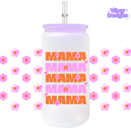 Uv Dtf Wrap For 16oz Libbey Glass - Mama Flowers Orange and Pink