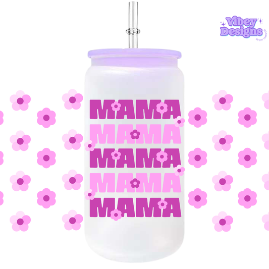 Uv Dtf Wrap For 16oz Libbey Glass - Mama Flowers Purple