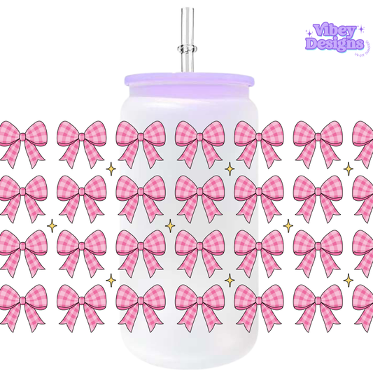 Uv Dtf Wrap For 16oz Libbey Glass - #G125 Pink Checkered Bows