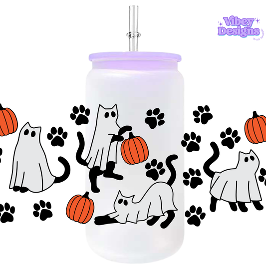 Uv Dtf Wrap For 16oz Libbey Glass - Ghostie Pumpkin Cats