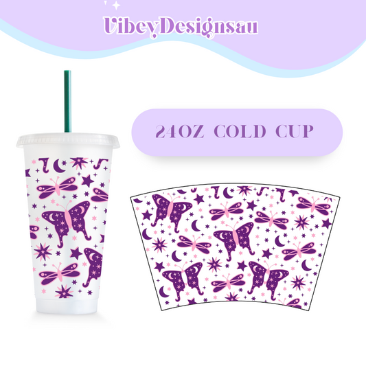 24oz Cold Cup Uv Dtf Wrap - Celestial Purple Butterflies