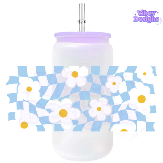 Uv Dtf Wrap For 16oz Libbey Glass - Blue Checkered Daisies