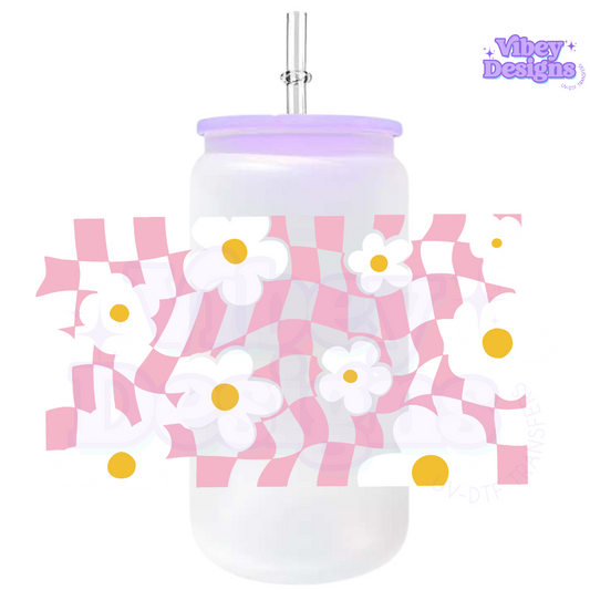 Uv Dtf Wrap For 16oz Libbey Glass - Pink Checkered Daisies