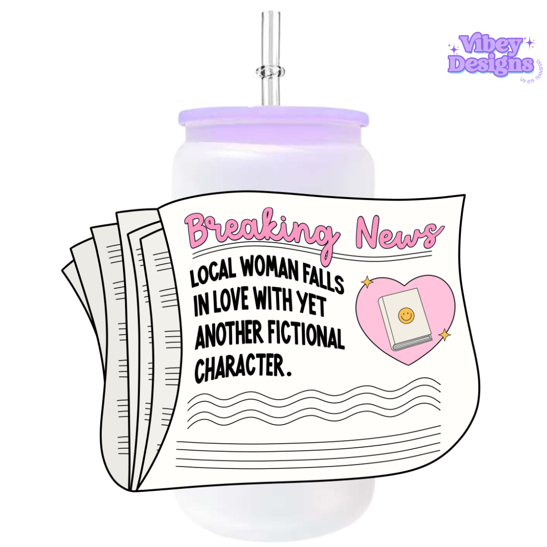 Breaking News Paper UV DTF Wrap – Newsprint-style design with a vintage aesthetic on 16oz glass.