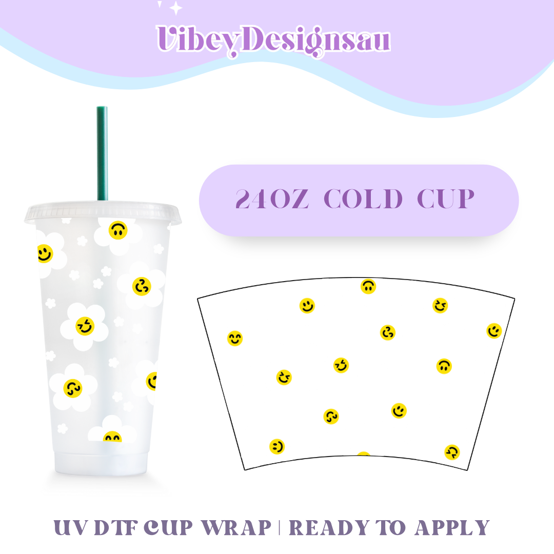 RTS 24oz Cold Cup Uv Dtf Wrap - Smiley Daisies