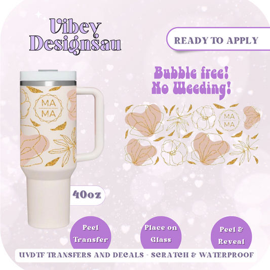 Dusty Pink Flowers - UVDTF 40oz Quencher Transfer - Ready to Apply Transfer