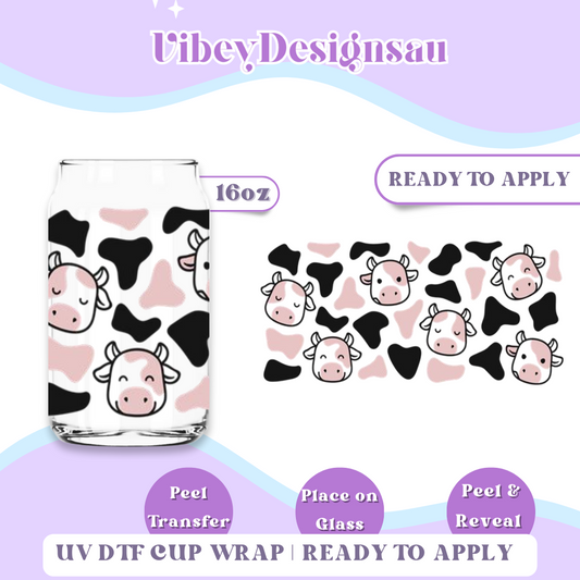 Uv Dtf Cup Wrap for 16oz Libbey Glass - Pink Cow Print