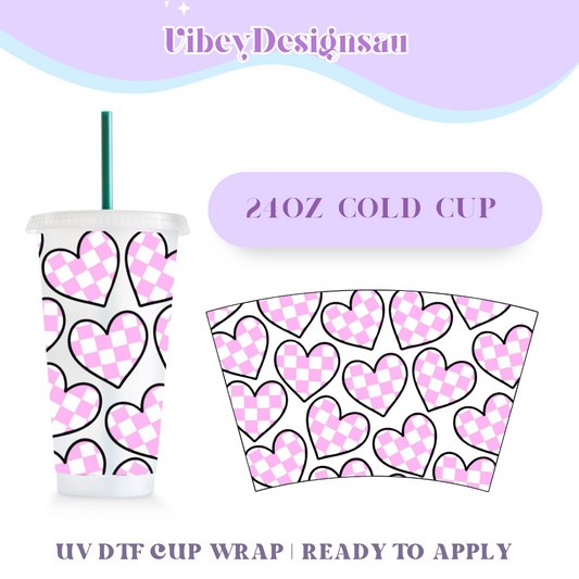 24oz Cold Cup Uv Dtf Wrap - Checkered Pink & White Hearts