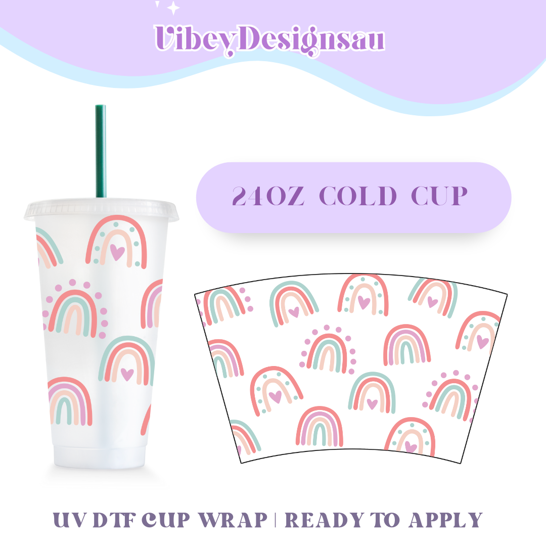 RTS 24oz Cold Cup Uv Dtf Wrap - Neutral Boho Rainbows