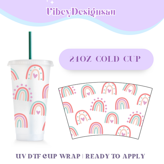 RTS 24oz Cold Cup Uv Dtf Wrap - Neutral Boho Rainbows