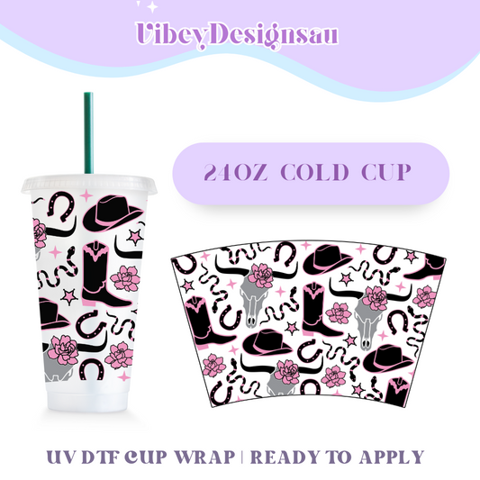 RTS 24oz Cold Cup Uv Dtf Wrap - Pink & Black Western