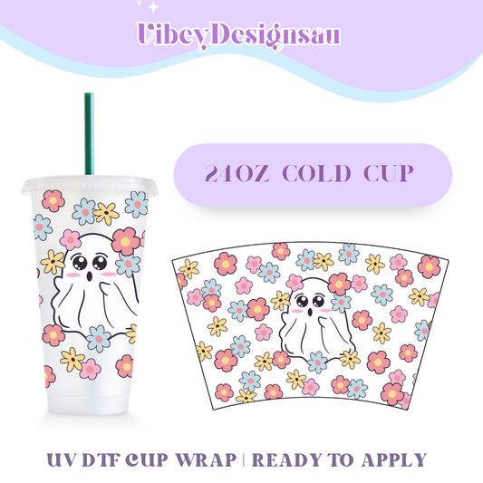 RTS 24oz Cold Cup Uv Dtf Wrap - Cute Flower Ghost