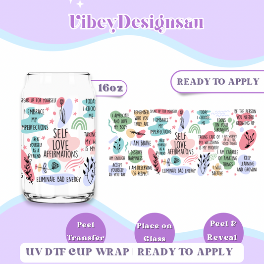 Uv Dtf Wrap for 16oz Libbey Glass - Self Love Affirmations