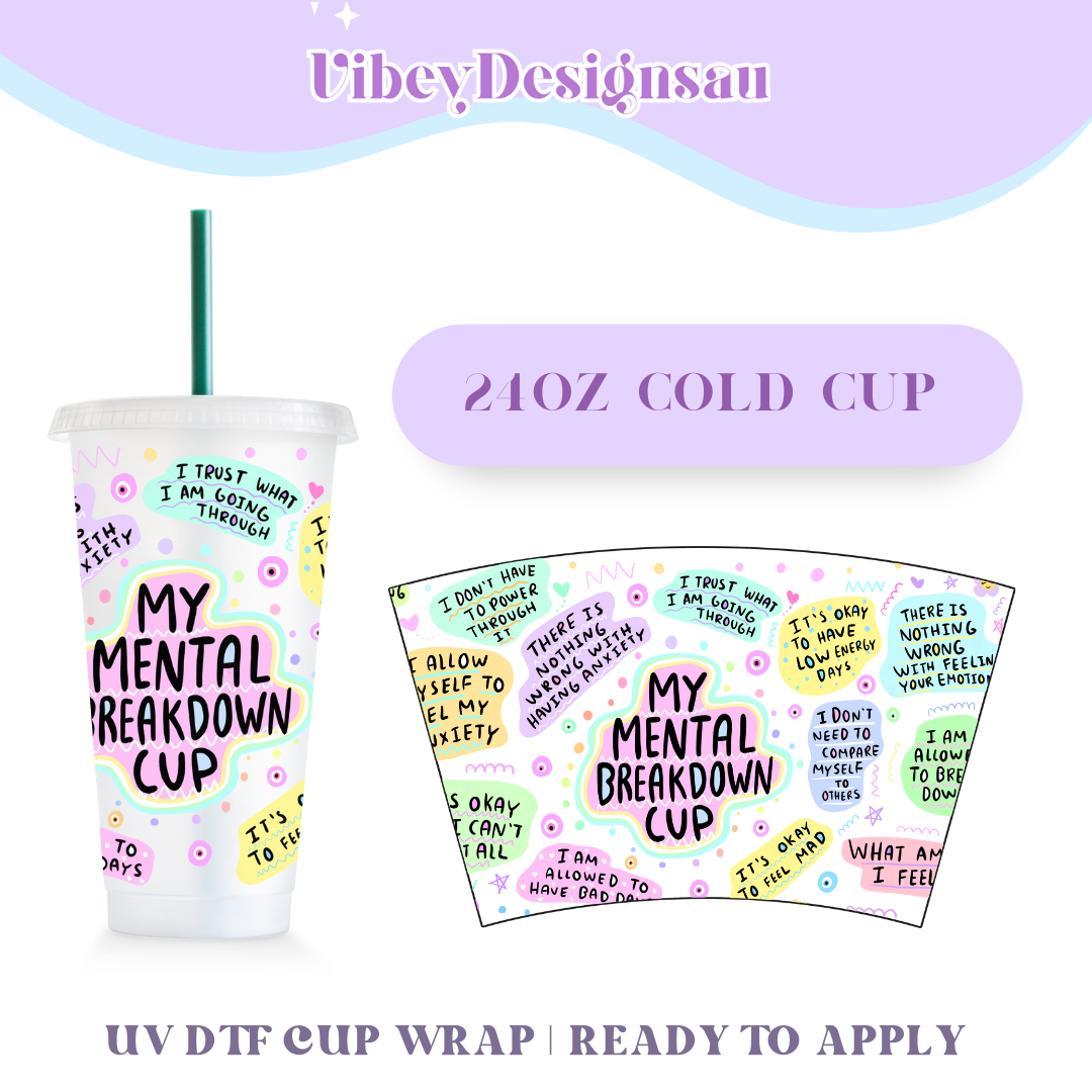 RTS 24oz Cold Cup Uv Dtf Wrap - My Mental Break Down Cup