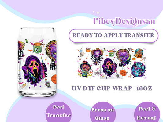 Uv Dtf Cup Wrap for 16oz Libbey Glass - Neon Horror Friends