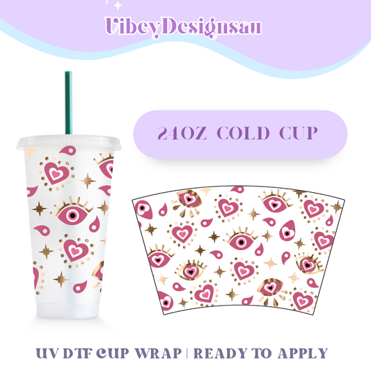 RTS 24oz Cold Cup Uv Dtf Wrap - Pink Evil Eye & Hearts