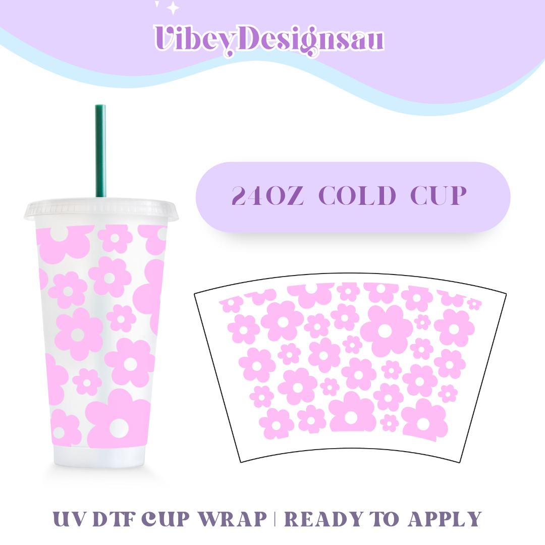 24oz Cold Cup UV DTF - Pastel Pink Flowers – VibeyDesigns Au