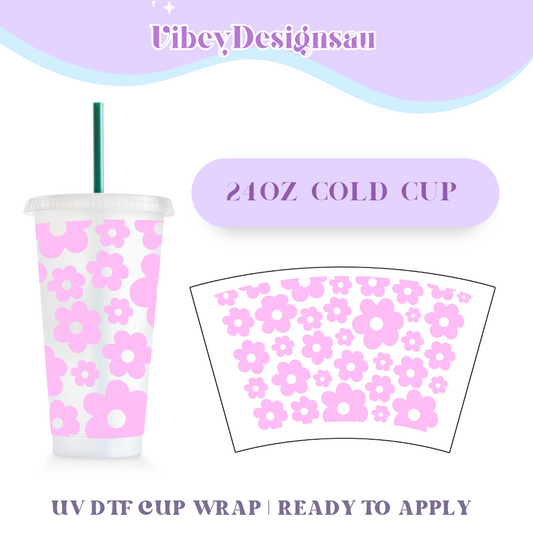 24oz Cold Cup UV DTF - Pastel Pink Flowers