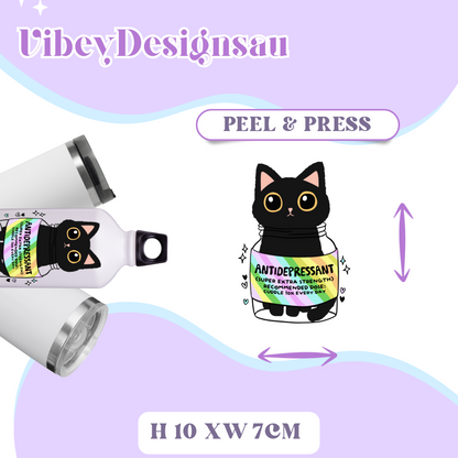 Uv Dtf Transfer for Bottle, Glass, Mug, Diary - Anti-Depressant Kitty