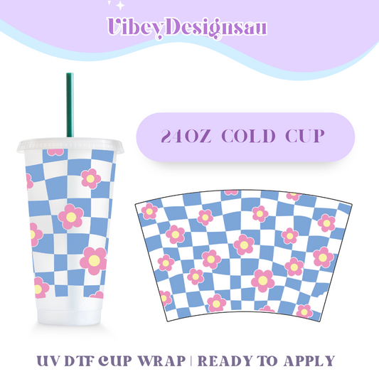 24oz Cold Cup Uv Dtf Wrap - Blue Checker & Pink Flowers