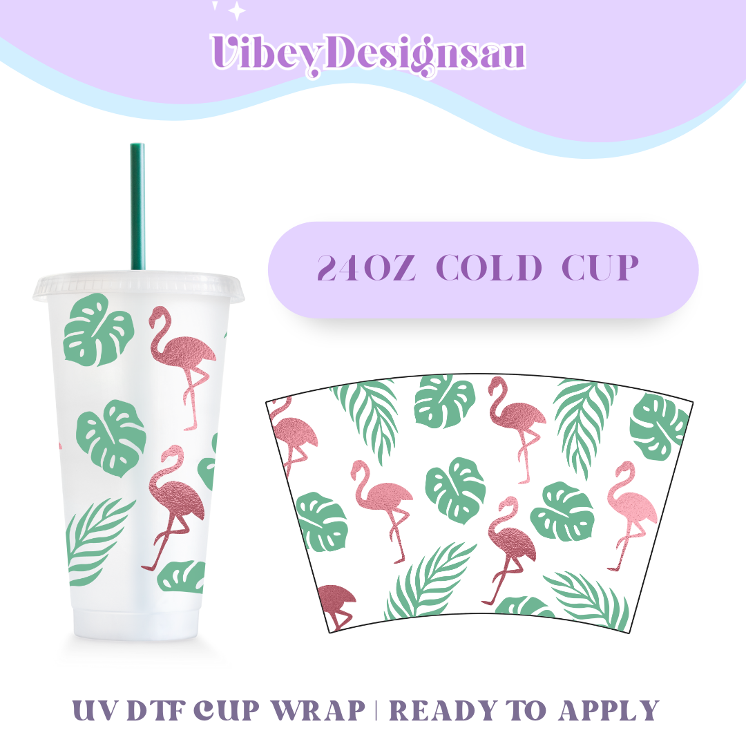 RTS 24oz Cold Cup Uv Dtf Wrap - Flamingo & Plants