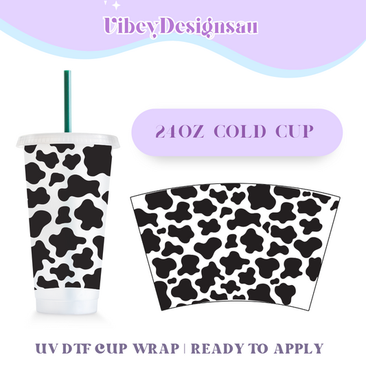 24oz Cold Cup Uv Dtf Wrap - Black Cow Print