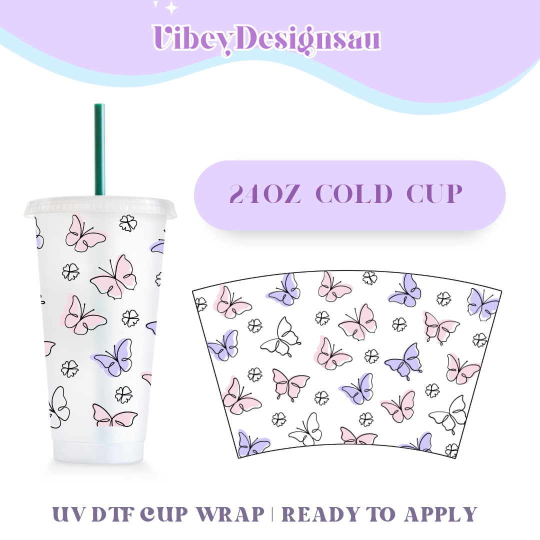 RTS 24oz Cold Cup Uv Dtf Wrap - Purple & Pink Butterflies