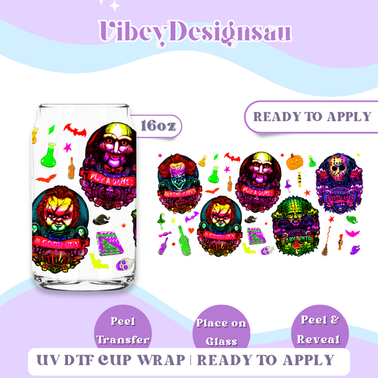 Uv Dtf Wrap For 16oz Libbey Glass - Neon Horror Classics
