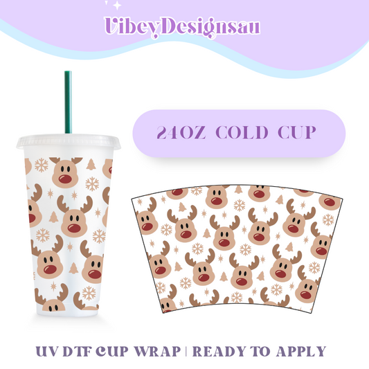 RTS 24oz Cold Cup Uv Dtf Wrap - Cute Reindeer